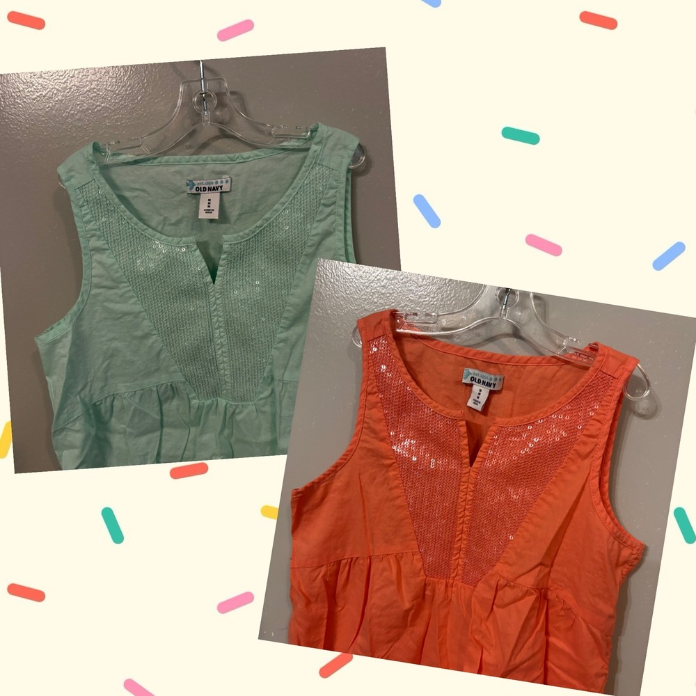 Old Navy Set of 2 Sleeveless Top Orange Teal Sequin Embellished (Girls Medium 8)
